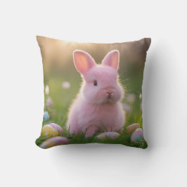 Schattige pluizige roze konijn en paaseieren kussen