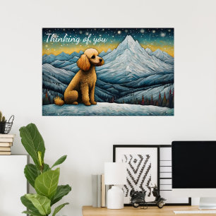 Schattige poedel besneeuwde berg denken aan je poster