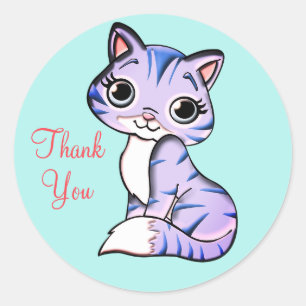 Schattige poes kat Dank je op lichtblauw Ronde Sticker
