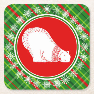 Schattige Polar Beer Animal Christmas Groen Rood P Vierkante Kartonnen Onderzetter