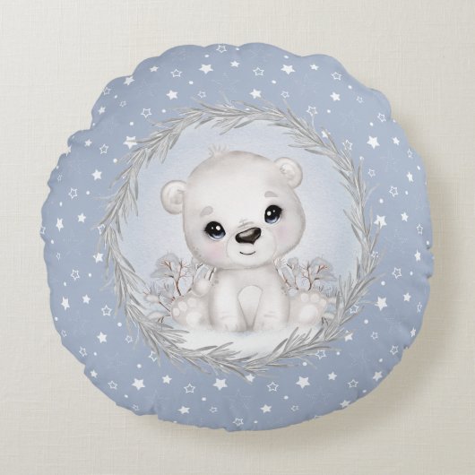 Schattige Polar Beer Baby Boy Blauw Rond Kussen (Voorkant)