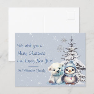 Schattige Polar Beer en Pinguïn Noordpool Kerstmis Briefkaart