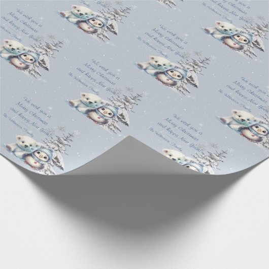 Schattige Polar Beer en Pinguïn Noordpool Kerstmis Cadeaupapier (Hoek)