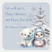 Schattige Polar Beer en Pinguïn Noordpool Kerstmis Vierkante Sticker (Voorkant)