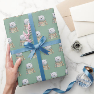 Schattige Polar Beer op Sage Green Christmas Patte Cadeaupapier