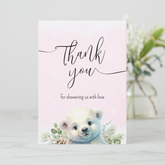 Schattige Polar Beer Roze Wintersneeuw Dank u kaar Bedankkaart (Staand voorkant)