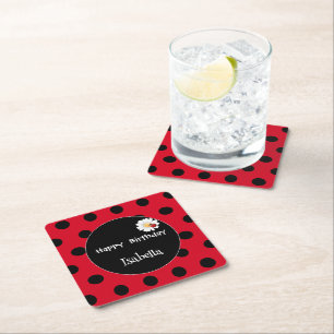 Schattige Polka dot Ladybug Daisy Flower Verjaarda Vierkante Kartonnen Onderzetter