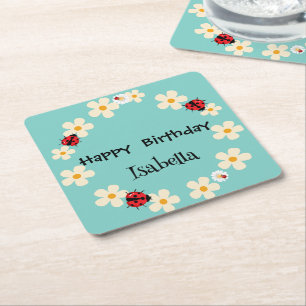 Schattige Polka dot Ladybug Daisy Flower Verjaarda Vierkante Kartonnen Onderzetter