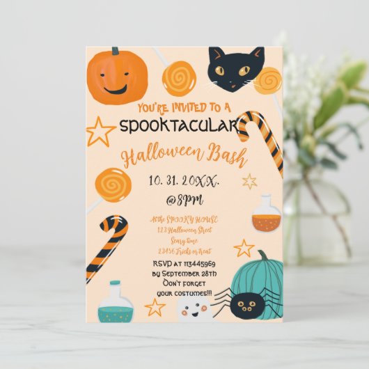 Schattige Pompoen Kat Snoep Halloween Bash Custom  Kaart (Staand voorkant)