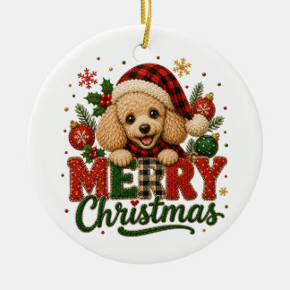 Schattige Poodle Prettig Kerstfeest Keramisch Ornament