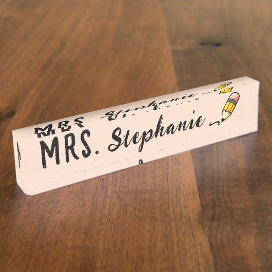 Schattige potlood script terug naar school leraar  naambordje (Zijkant)