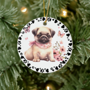 Schattige Pug Dog Paws Hearts Aangepaste foto Keramisch Ornament