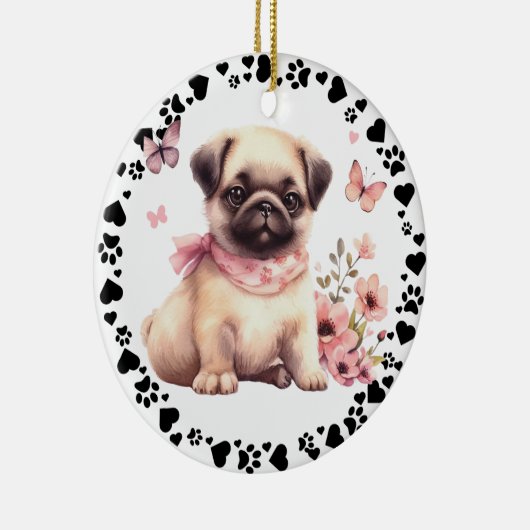 Schattige Pug Dog Paws Hearts Aangepaste foto Keramisch Ornament (Rechts)