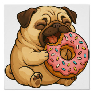 Schattige pug donut cartoon grappig knagend  perfect poster