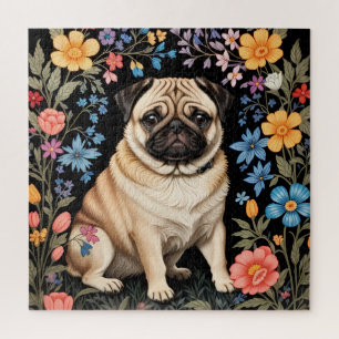 Schattige Pug Elegante Kleurrijke Bloemen Legpuzzel