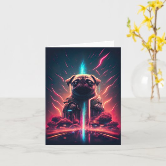 Schattige pug in Futuristic Robot Costume Kaart (Gele Bloem)