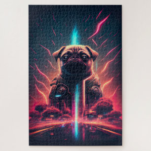 Schattige Pug in futuristisch robotkostuum Legpuzzel