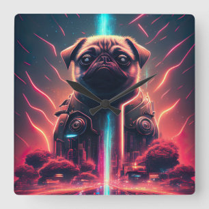 Schattige Pug in futuristisch robotkostuum Vierkante Klok