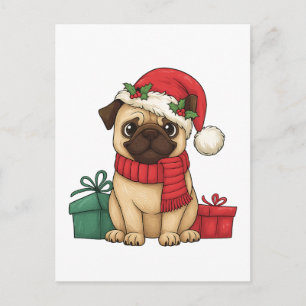 Schattige Pug Kerstman Kerstcadeau Illustratie Feestdagenkaart