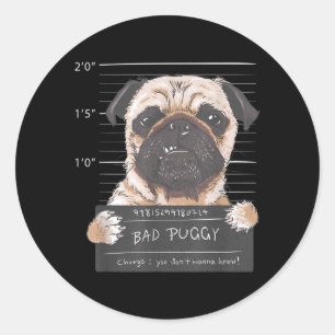 Schattige Pug Mugshot Stoute Puggie Puppy Humor Gr Ronde Sticker