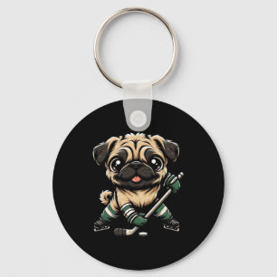 Schattige Pug Speelt IJshockey Hond Design Mannen Sleutelhanger