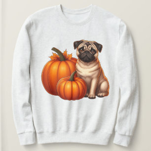 Schattige Pug Zittend Naast Pompoenen Met Herfst Trui