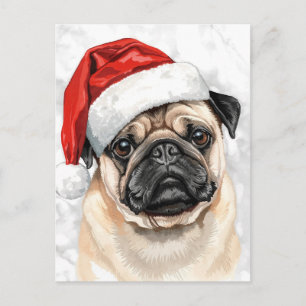 Schattige Puggond in kerstmuts Aquarel Kerstmis Feestdagenkaart