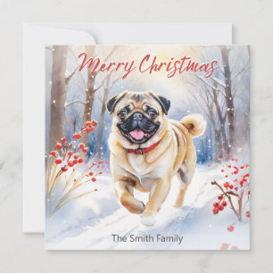 Schattige Pugin hond in sneeuw aquarel Prettig ker Feestdagenkaart