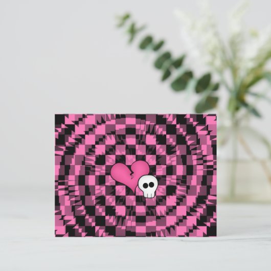 Schattige punk heet roze en zwart hart en schedel briefkaart (Staand voorkant)