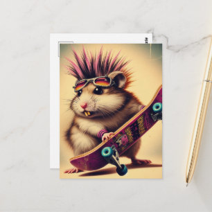 Schattige Punk Rock 1980s Skateboardende Hamster Briefkaart