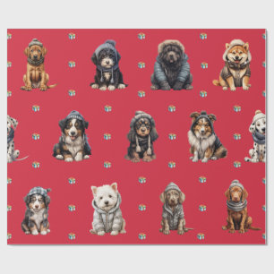 Schattige Puppies 4 kerstvakantie op rood Cadeaupapier