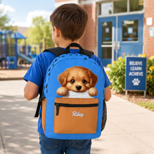 Schattige Puppy die Huiswerk Eet Blauw en Bruin Bedrukte Rugzak
