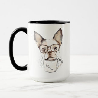 Schattige puppy die koffie drinkt mok
