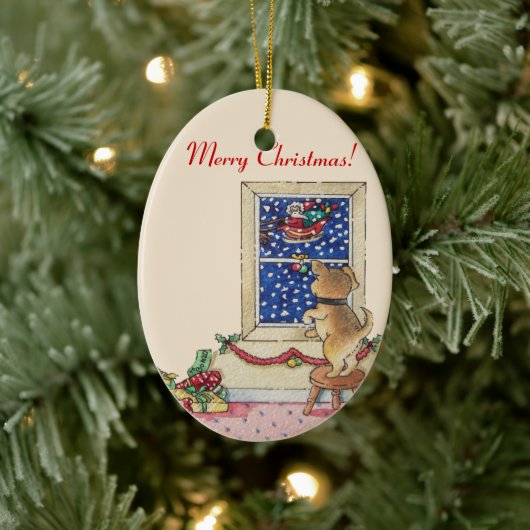 schattige puppy die naar santa zwaait in de sneeuw keramisch ornament (Boom)