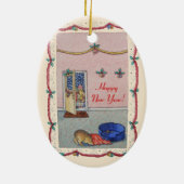 schattige puppy die naar santa zwaait in de sneeuw keramisch ornament (Achterkant)