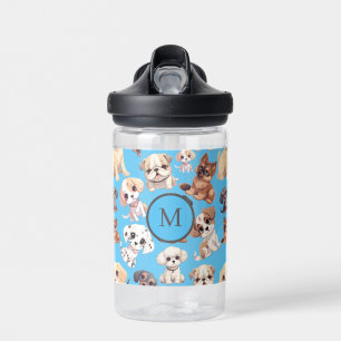 Schattige Puppy Dog Blauw Monogram Waterfles