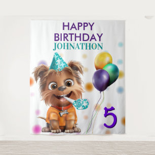 Schattige Puppy Dog Verjaardagsfeestje Achtergrond Wandkleed