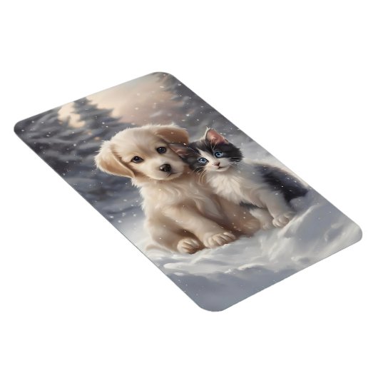 Schattige Puppy en Kitten in Sneeuwkoelkast Magneet (Rechterzijde)