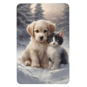 Schattige Puppy en Kitten in Sneeuwkoelkast Magneet
