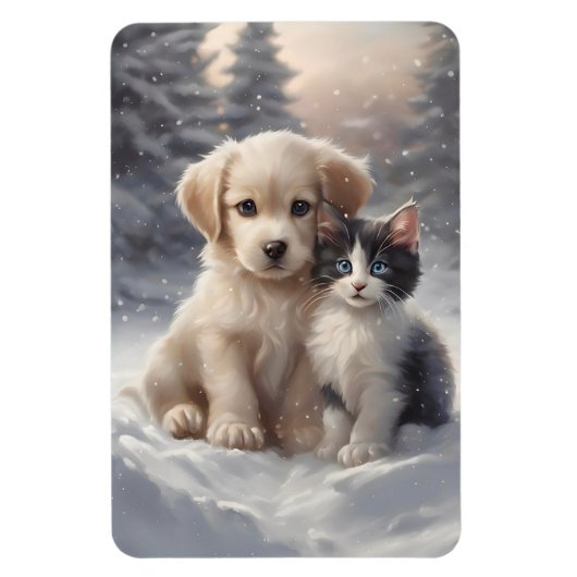 Schattige Puppy en Kitten in Sneeuwkoelkast Magneet (Verticaal)