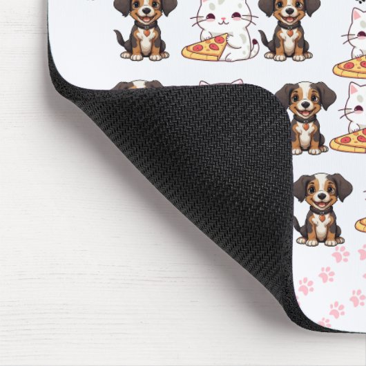 Schattige puppy en kitten met Pizza Mousepad Muismat (Hoek)