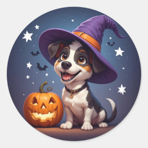 Schattige Puppy Heksenhoed En Pompoen Halloween 🎃 Ronde Sticker