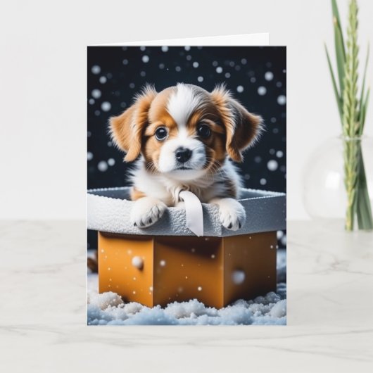Schattige Puppy in Cadeaudoos Kerstmis Kaart (Voorkant)