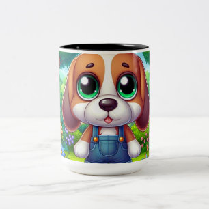 Schattige puppy in overalls tweekleurige koffiemok
