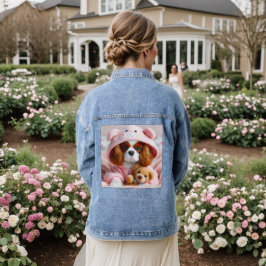 Schattige puppy in roze hoodie met teddybeer denim jacket