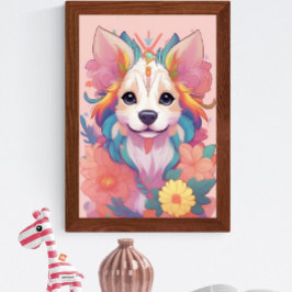 Schattige Puppy Kleurrijk Bloemen Poster