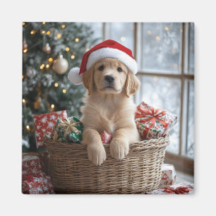 Schattige puppy met kerstmuts in mand magneet
