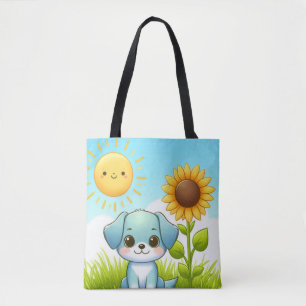 Schattige puppy met zonnebloem en lachende zon draagtas