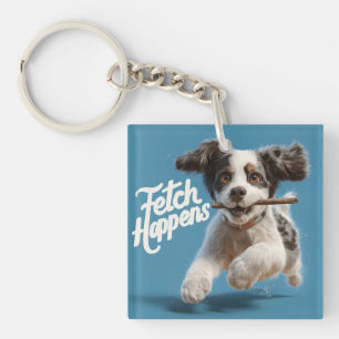 Schattige Puppy Mid-Air Hardlopen met een Stick Sleutelhanger