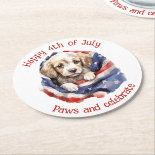 Schattige Puppy Rode Witte Blauwe Amerikaanse Vlag Ronde Kartonnen Onderzetter